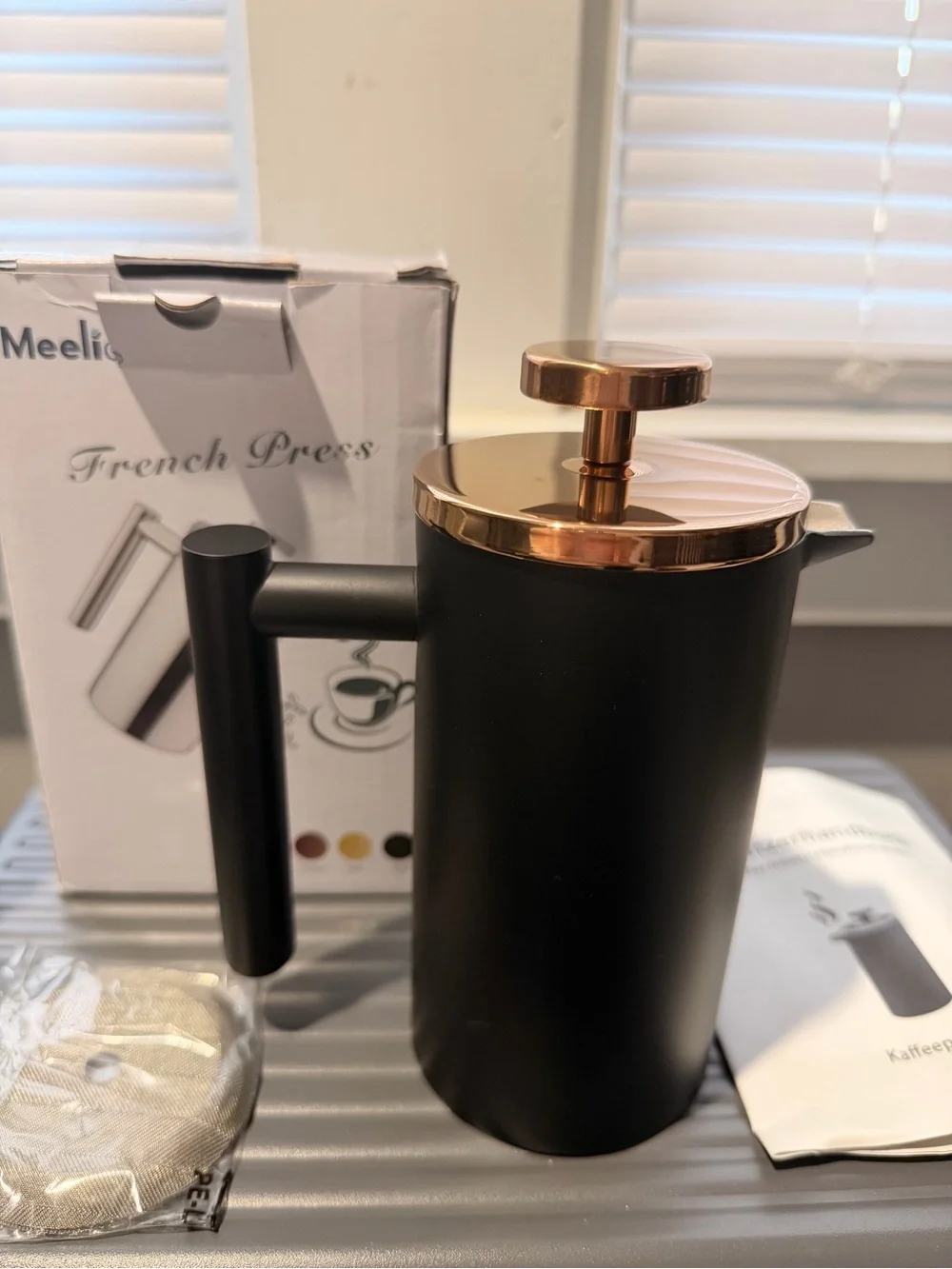 Matte Black French Press with Rose Gold Lid -